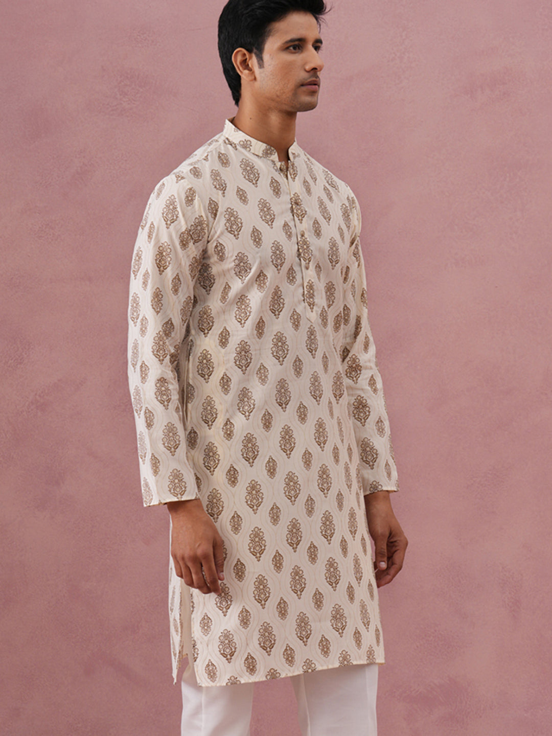 Silk-Blend Foil Printed Festive Kurta ( 65KO 5366 Cream ) [FF] [A-1-4]
