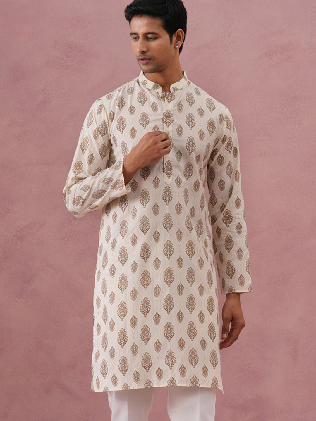 Silk-Blend Foil Printed Festive Kurta ( 65KO 5366 Cream ) [FF] [A-1-4]