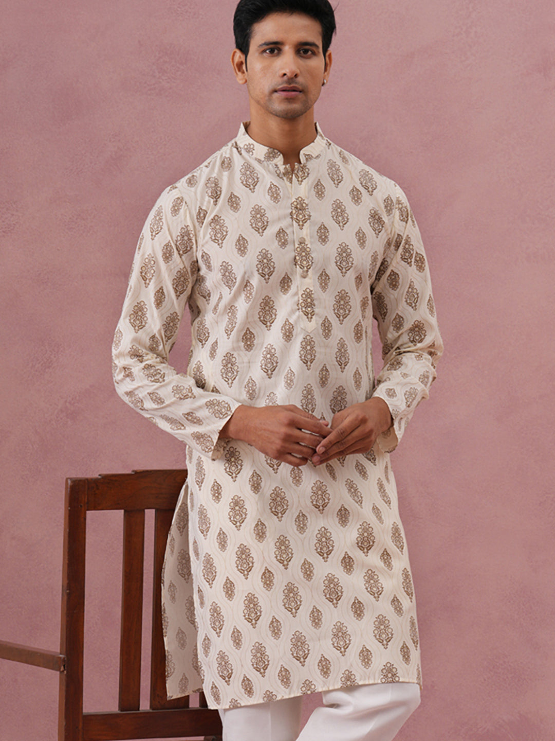 Silk-Blend Foil Printed Festive Kurta ( 65KO 5366 Cream ) [FF] [A-1-4]