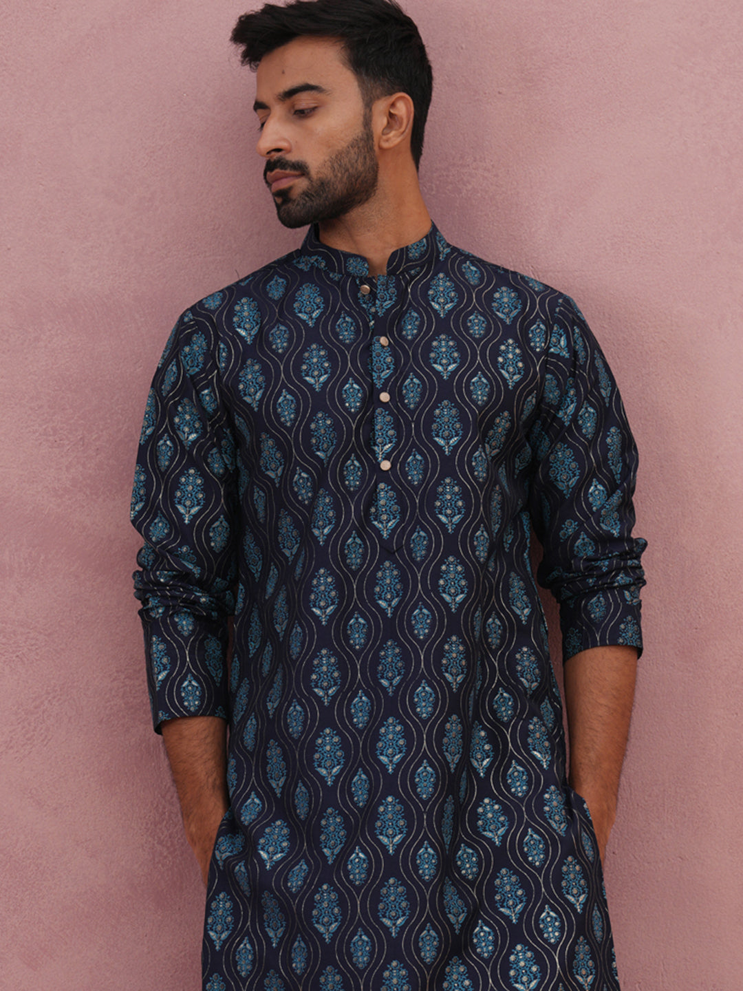 Silk-Blend Foil Printed Festive Kurta ( 65KO 5366 Navy ) [FF] [A-1-4]