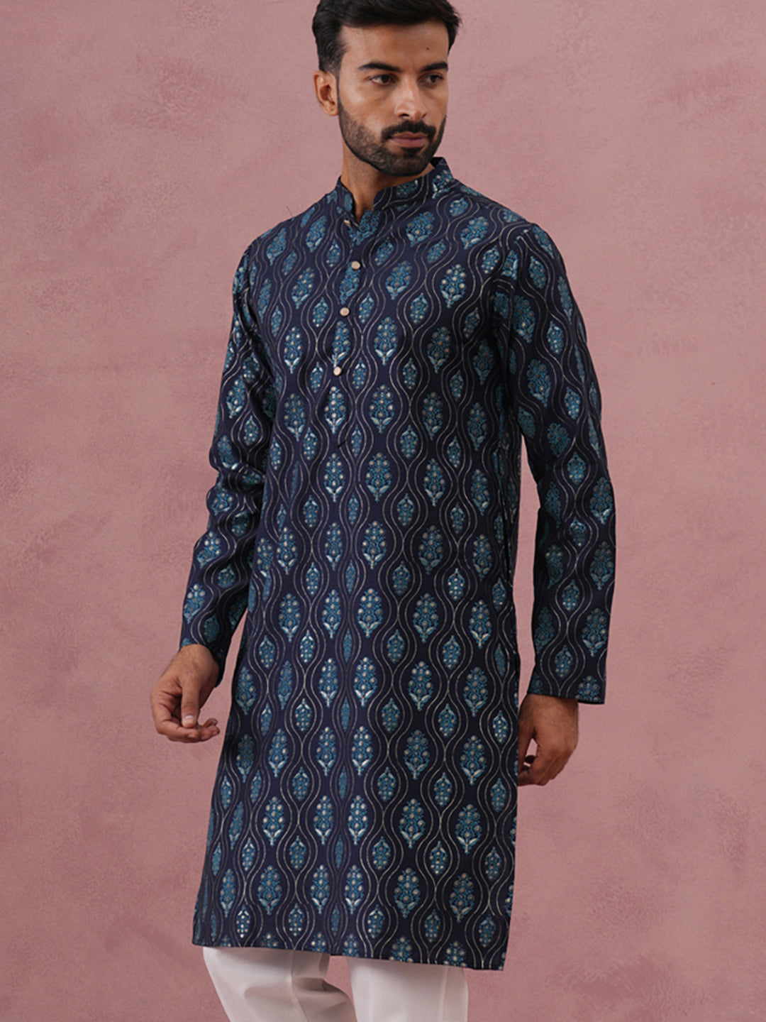 Silk-Blend Foil Printed Festive Kurta ( 65KO 5366 Navy ) [FF] [A-1-4]