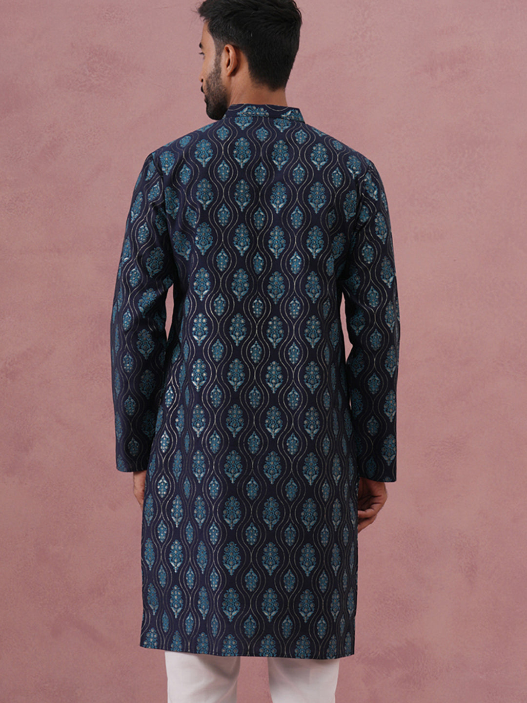Silk-Blend Foil Printed Festive Kurta ( 65KO 5366 Navy ) [FF] [A-1-4]