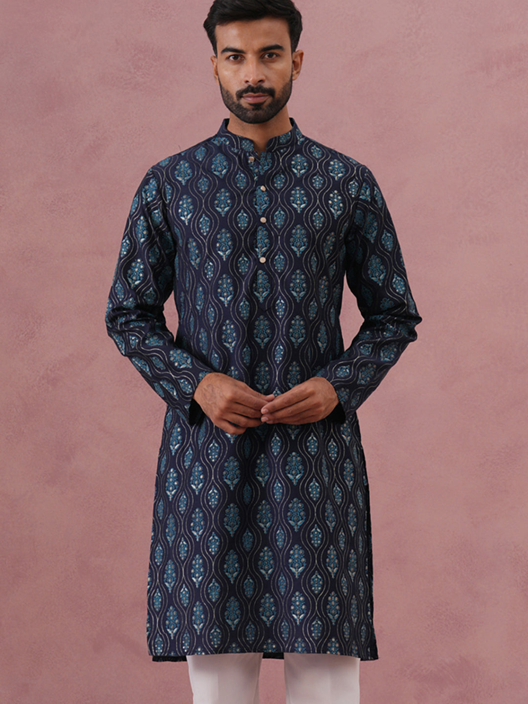 Silk-Blend Foil Printed Festive Kurta ( 65KO 5366 Navy ) [FF] [A-1-4]