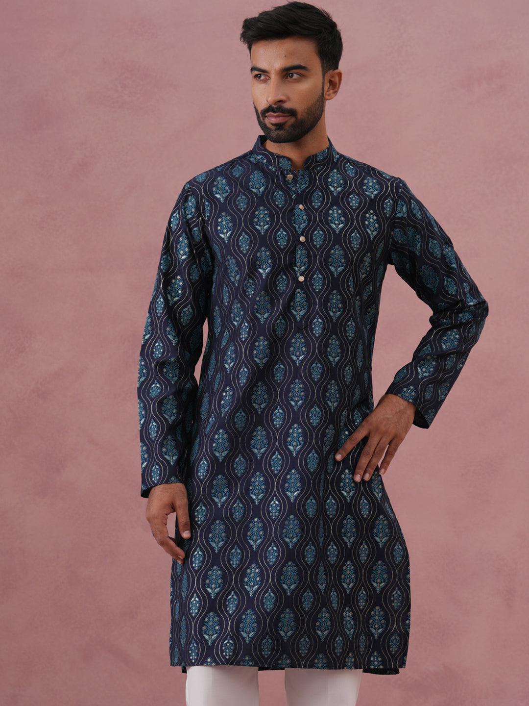 Silk-Blend Foil Printed Festive Kurta ( 65KO 5366 Navy ) [FF] [A-1-4]