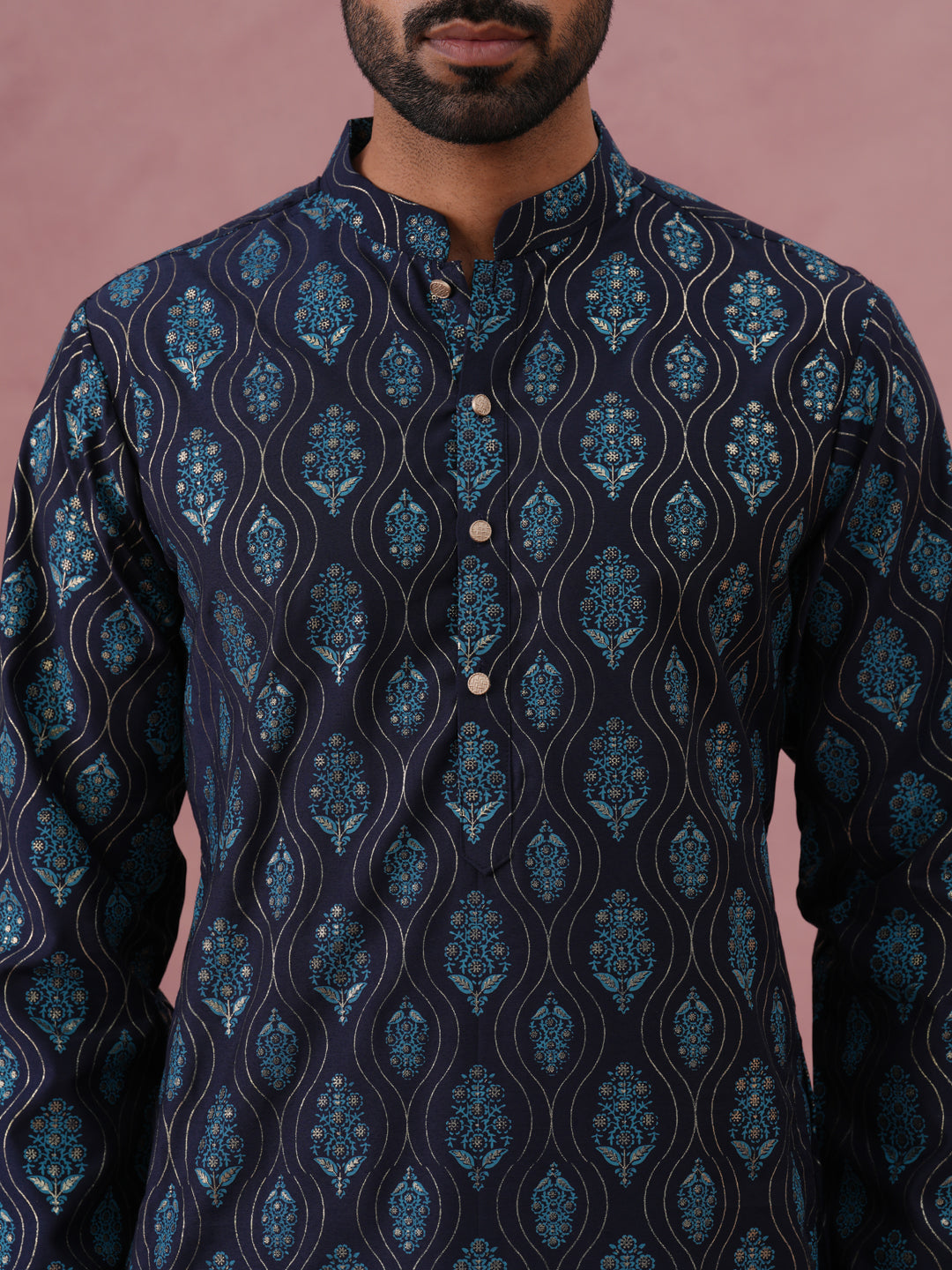 Silk-Blend Foil Printed Festive Kurta ( 65KO 5366 Navy ) [FF] [A-1-4]