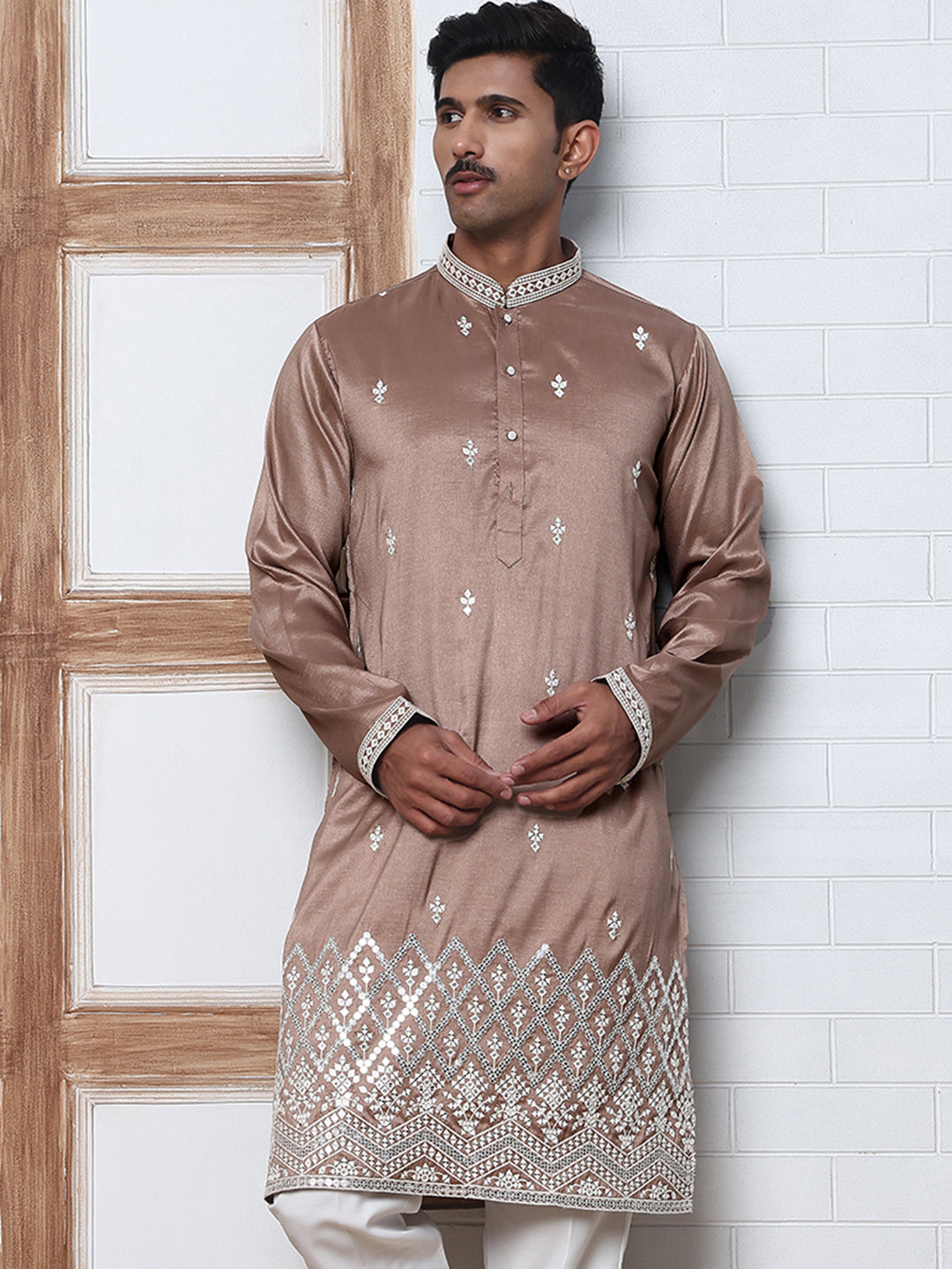 Traditional Silk-Blend Kurta with Embroidery (65KO 5371 Brown ) [FF] [A-1-4]