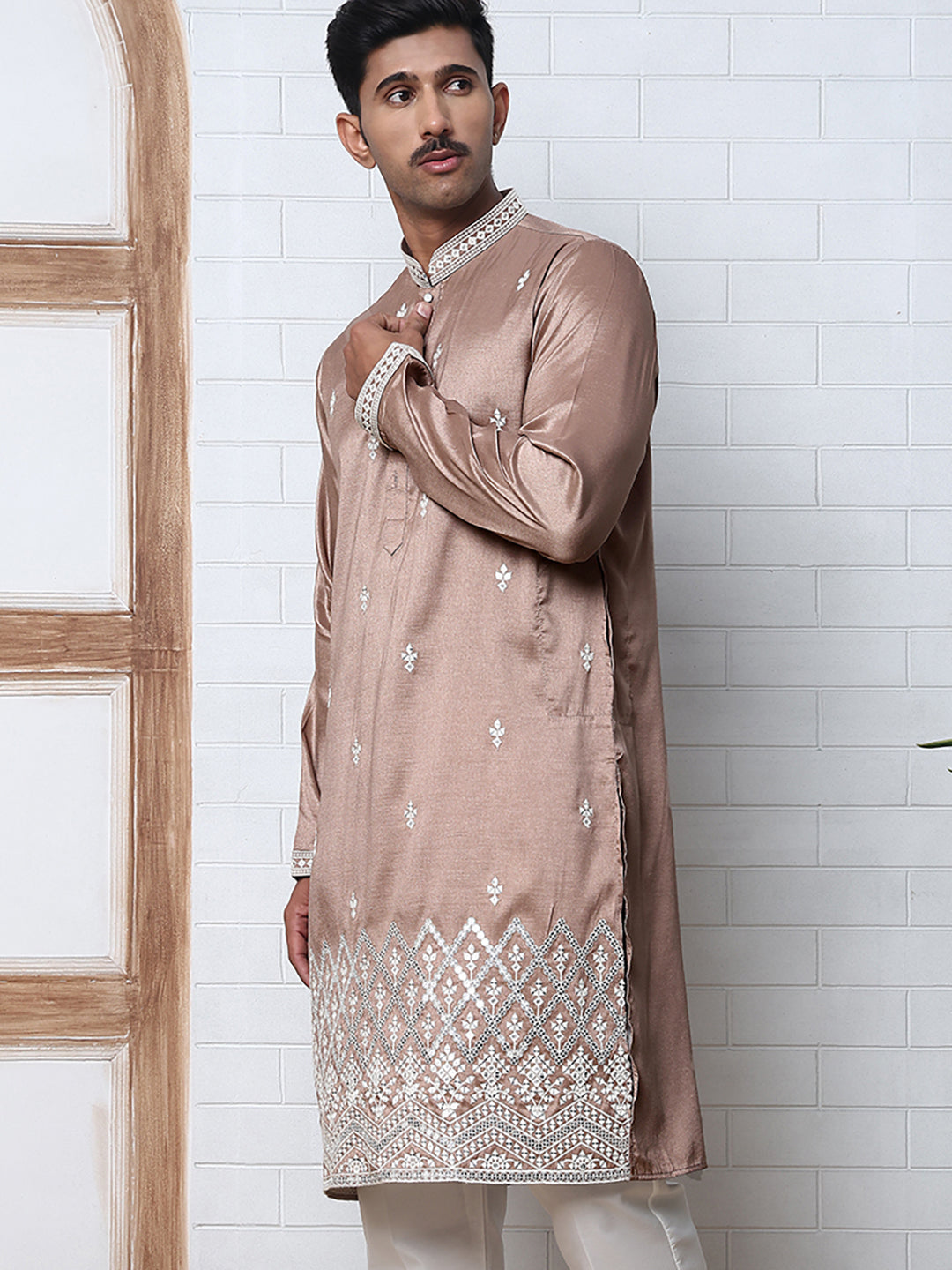 Traditional Silk-Blend Kurta with Embroidery (65KO 5371 Brown ) [FF] [A-1-4]