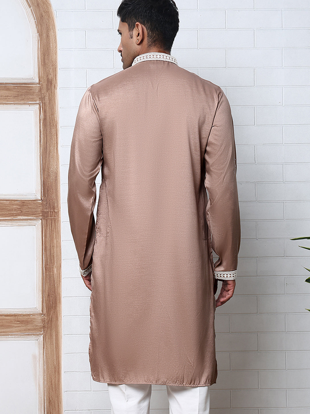 Traditional Silk-Blend Kurta with Embroidery (65KO 5371 Brown ) [FF] [A-1-4]
