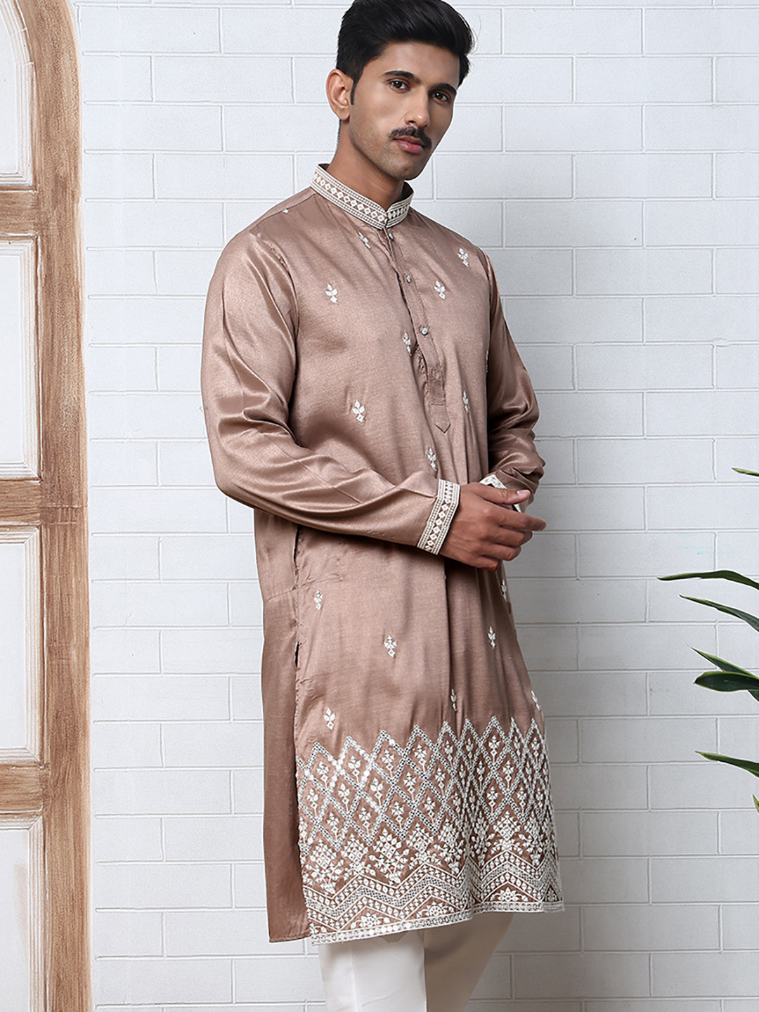 Traditional Silk-Blend Kurta with Embroidery (65KO 5371 Brown ) [FF] [A-1-4]