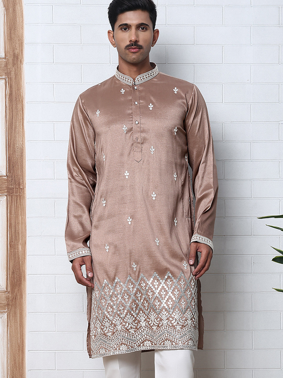 Traditional Silk-Blend Kurta with Embroidery (65KO 5371 Brown ) [FF] [A-1-4]