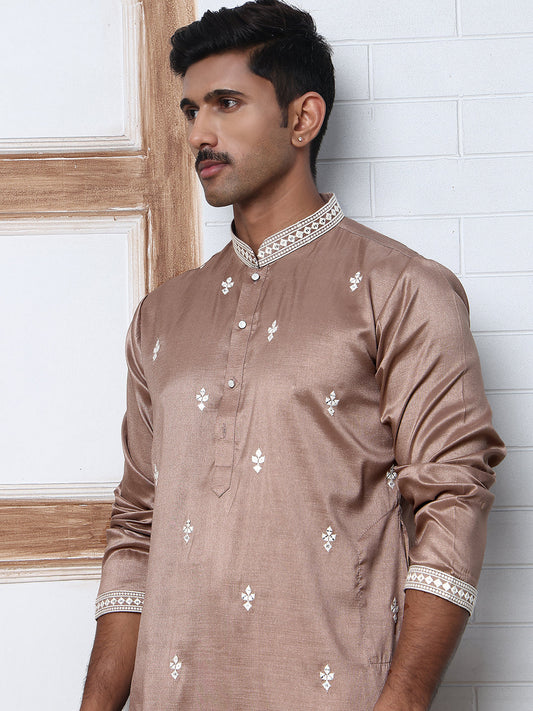 Traditional Silk-Blend Kurta with Embroidery (65KO 5371 Brown ) [FF] [A-1-4]