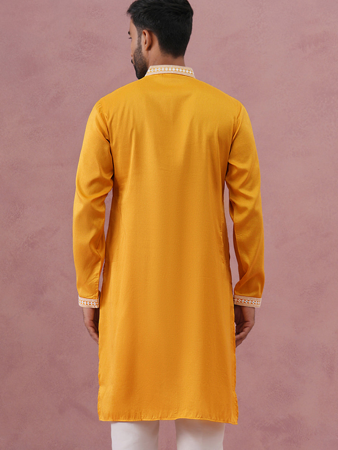 Traditional Silk-Blend Kurta with Embroidery ( 65KO 5371 Mustard ) [FF] [A-1-4]