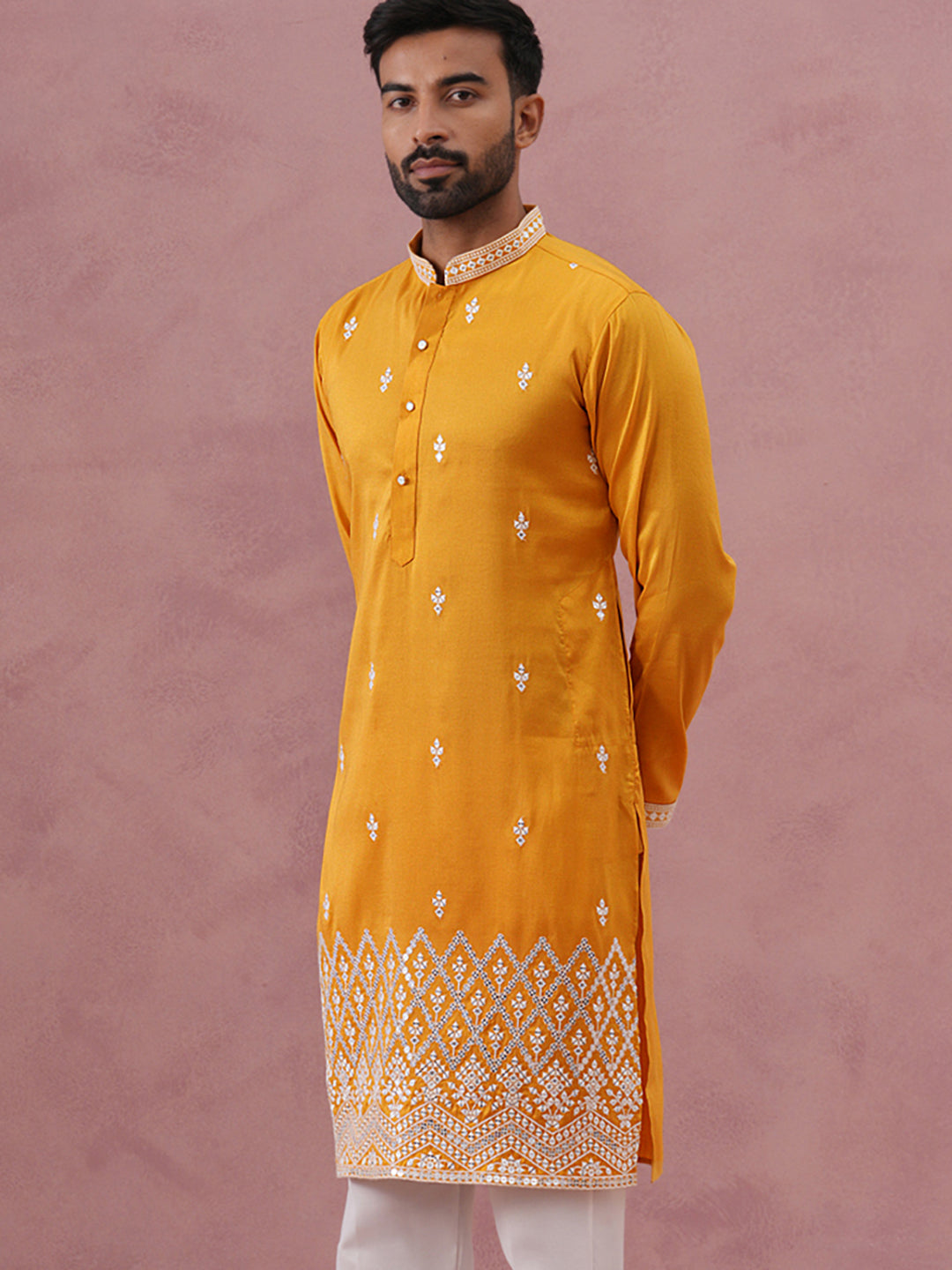 Traditional Silk-Blend Kurta with Embroidery ( 65KO 5371 Mustard ) [FF] [A-1-4]