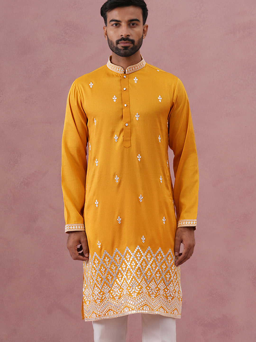 Traditional Silk-Blend Kurta with Embroidery ( 65KO 5371 Mustard ) [FF] [A-1-4]