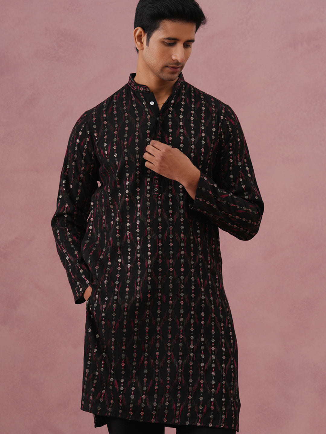 Silk Blend Embroidered Kurta for Men (65KO 5372 Black ) [FF] [B-1-2]