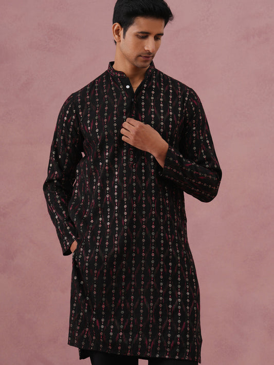 Silk Blend Embroidered Kurta for Men (65KO 5372 Black ) [FF] [B-1-2]