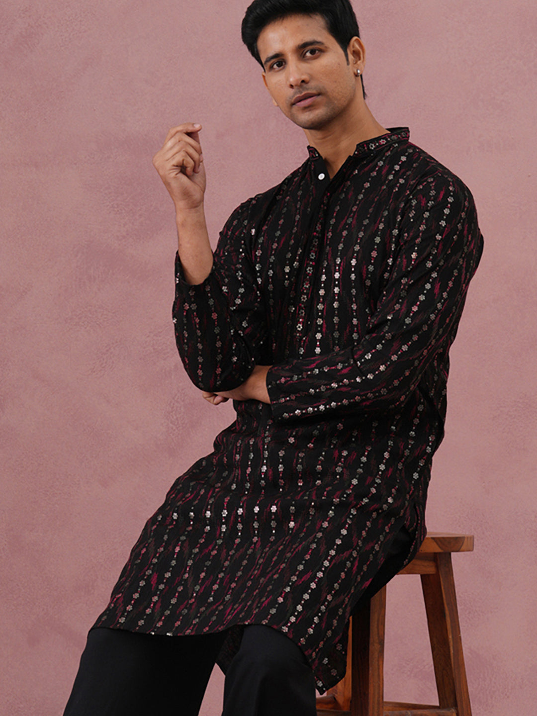 Silk Blend Embroidered Kurta for Men (65KO 5372 Black ) [FF] [B-1-2]