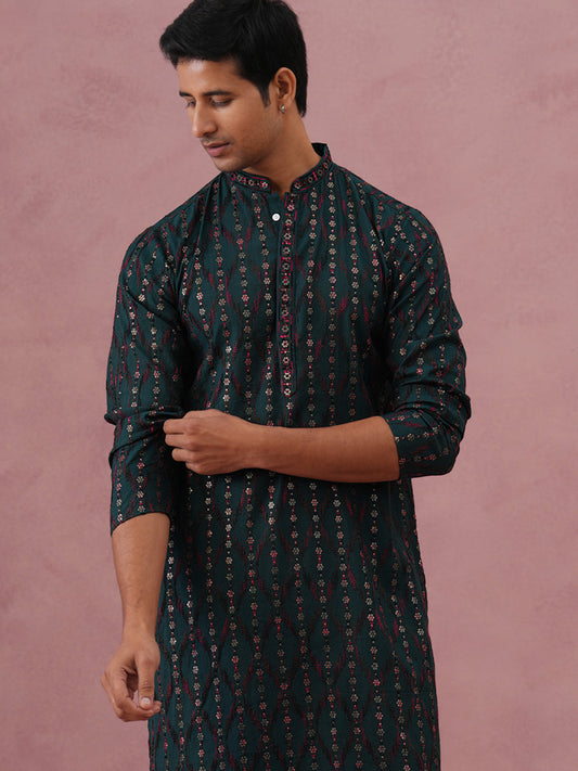 Silk Blend Embroidered Kurta for Men ( 65KO 5372 Olive ) [FF] [B-1-2]