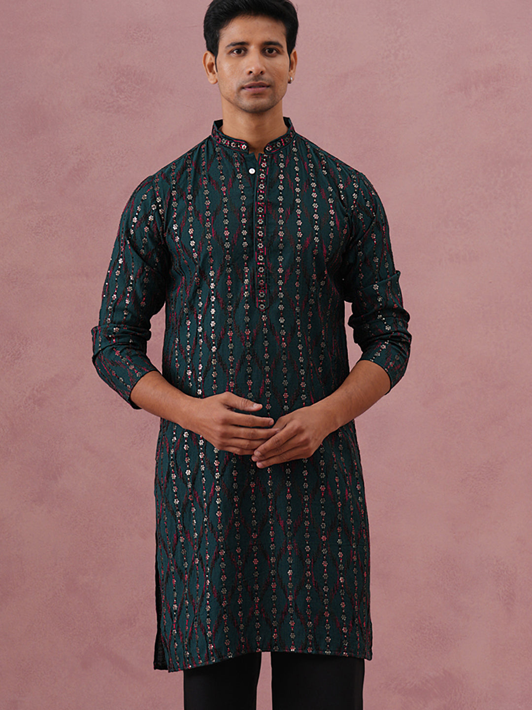 Silk Blend Embroidered Kurta for Men ( 65KO 5372 Olive ) [FF] [B-1-2]