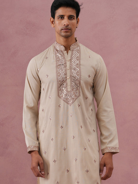 Silk Blend Embroidered Kurta for Men ( 65KO 5373 Cream ) [FF] [P-5]