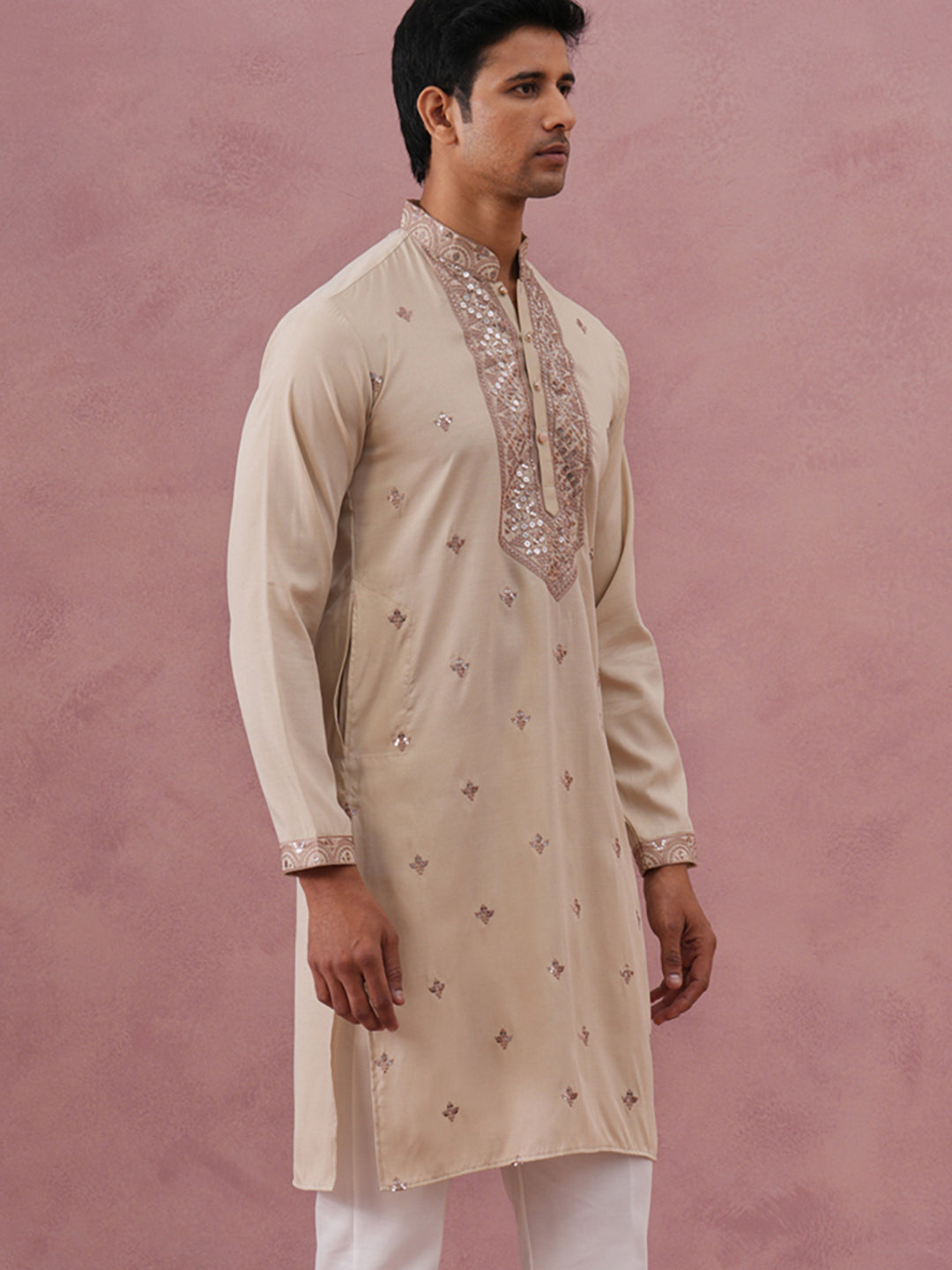 Silk Blend Embroidered Kurta for Men ( 65KO 5373 Cream ) [FF] [P-5]