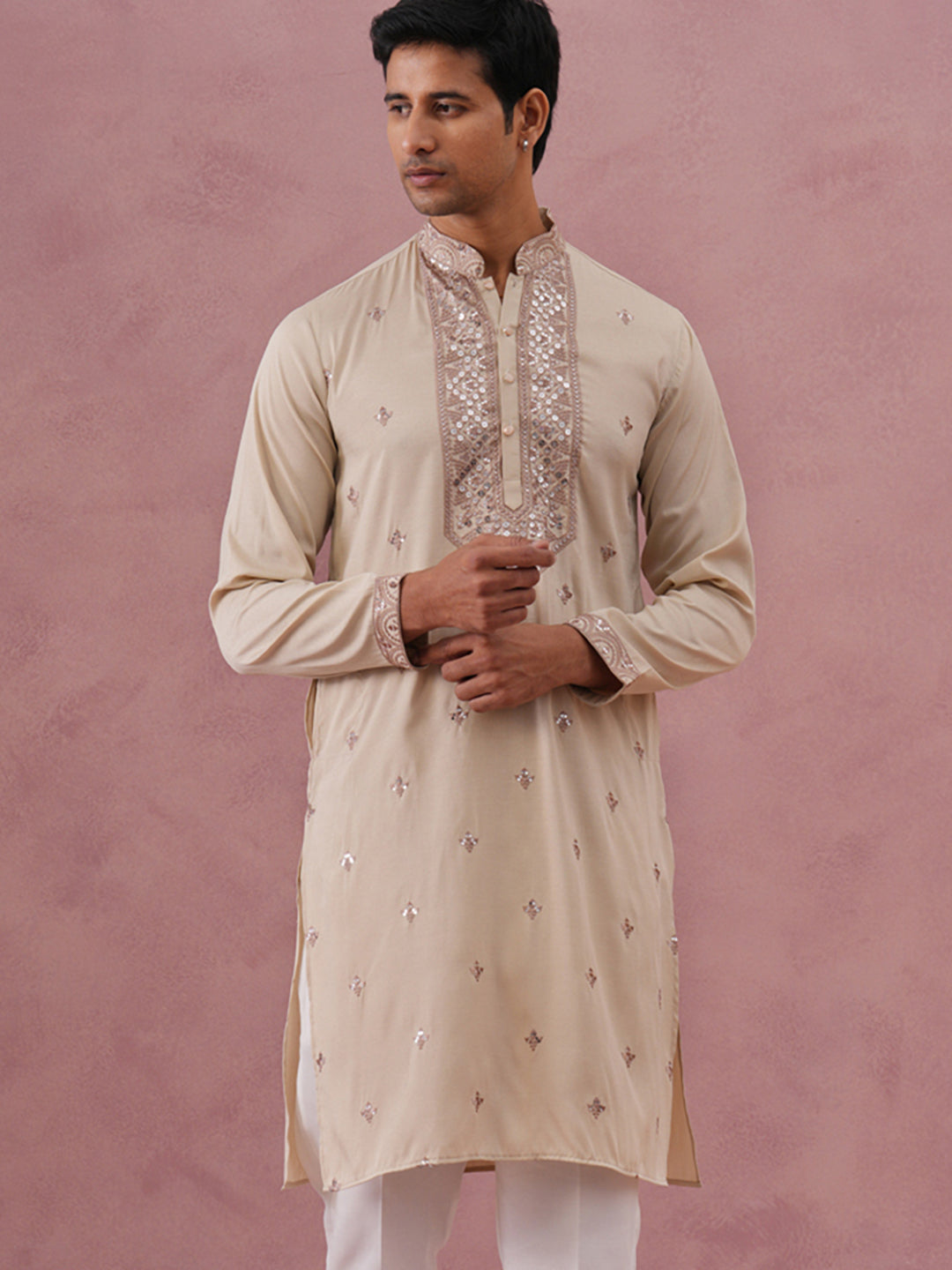 Silk Blend Embroidered Kurta for Men ( 65KO 5373 Cream ) [FF] [P-5]