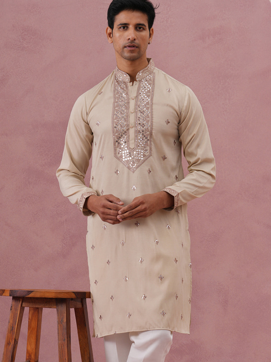 Silk Blend Embroidered Kurta for Men ( 65KO 5373 Cream ) [FF] [P-5]