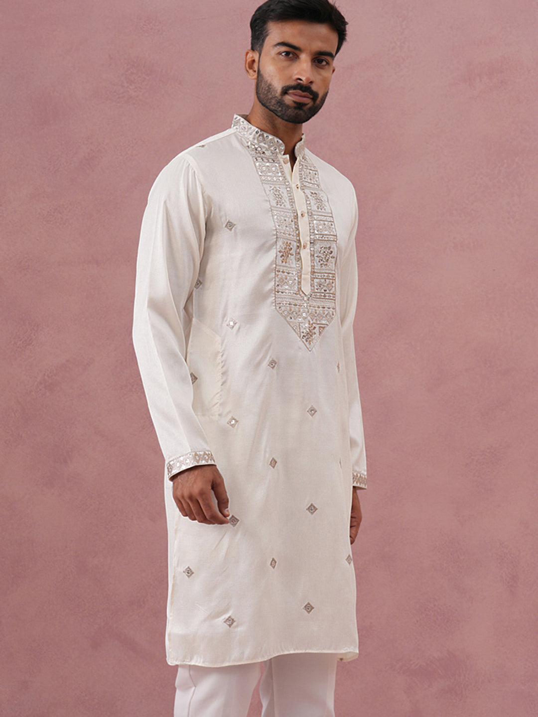 Silk Blend Embroidered Kurta for Men ( 65KO 5373 Off-White ) [FF] [P-5]