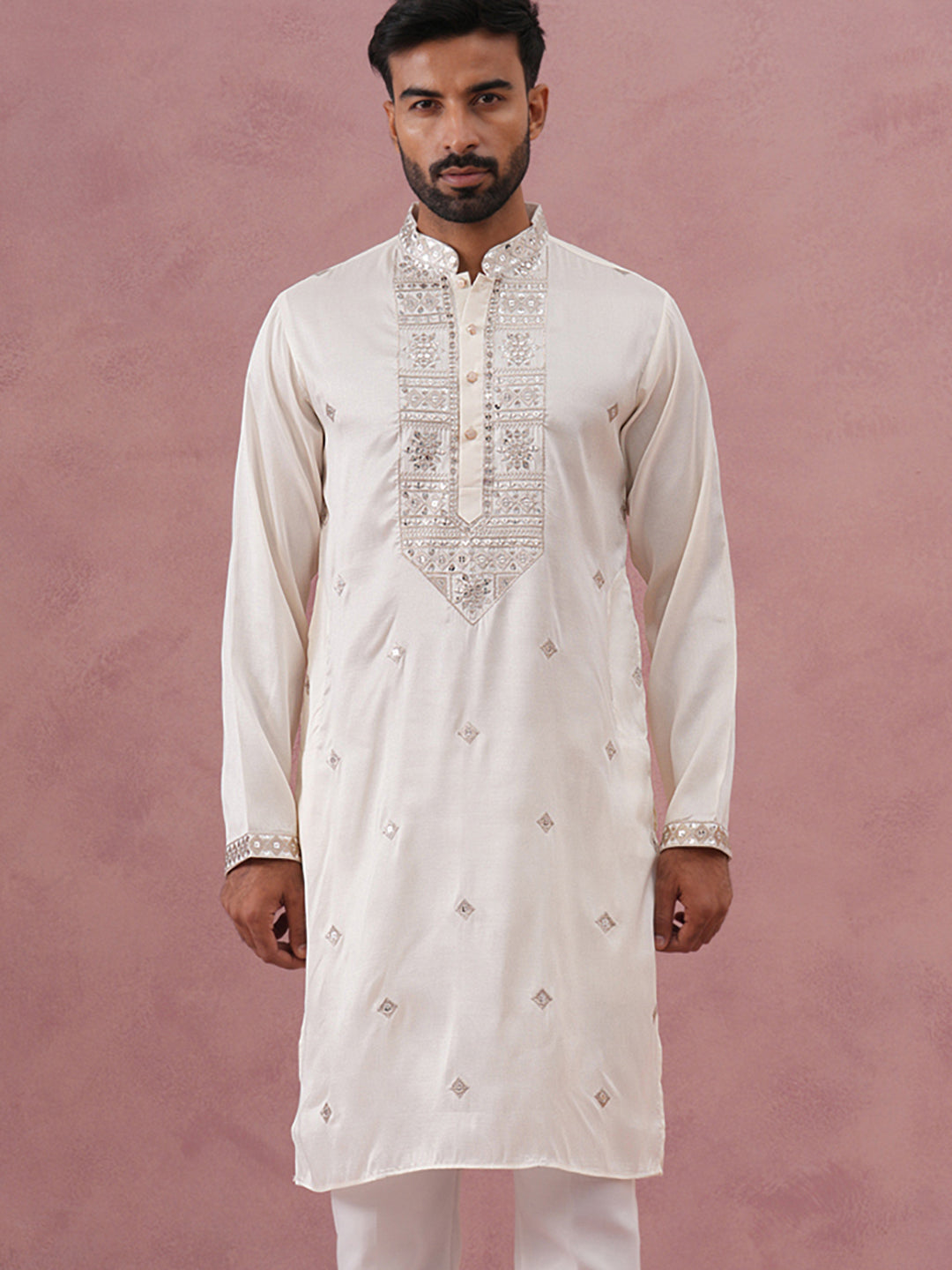 Silk Blend Embroidered Kurta for Men ( 65KO 5373 Off-White ) [FF] [P-5]
