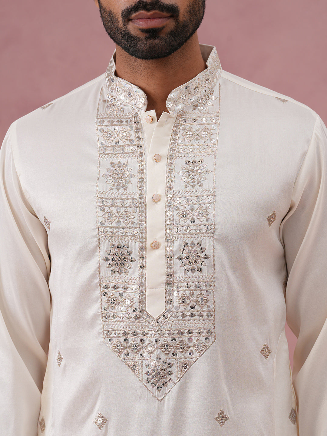 Silk Blend Embroidered Kurta for Men ( 65KO 5373 Off-White ) [FF] [P-5]