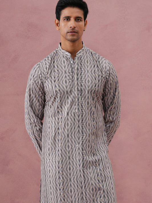 Grey Geometric Print & Sequin Kurta (65KO 5379 Grey ) [FF] [A-1-4]