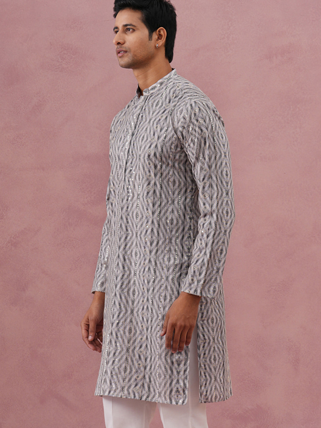 Grey Geometric Print & Sequin Kurta (65KO 5379 Grey ) [FF] [A-1-4]