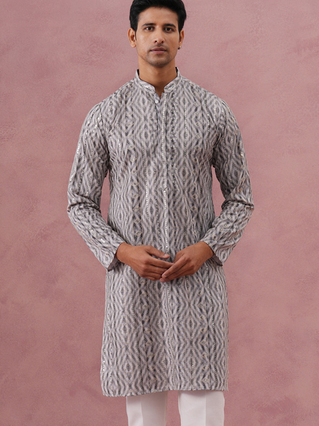 Grey Geometric Print & Sequin Kurta (65KO 5379 Grey ) [FF] [A-1-4]