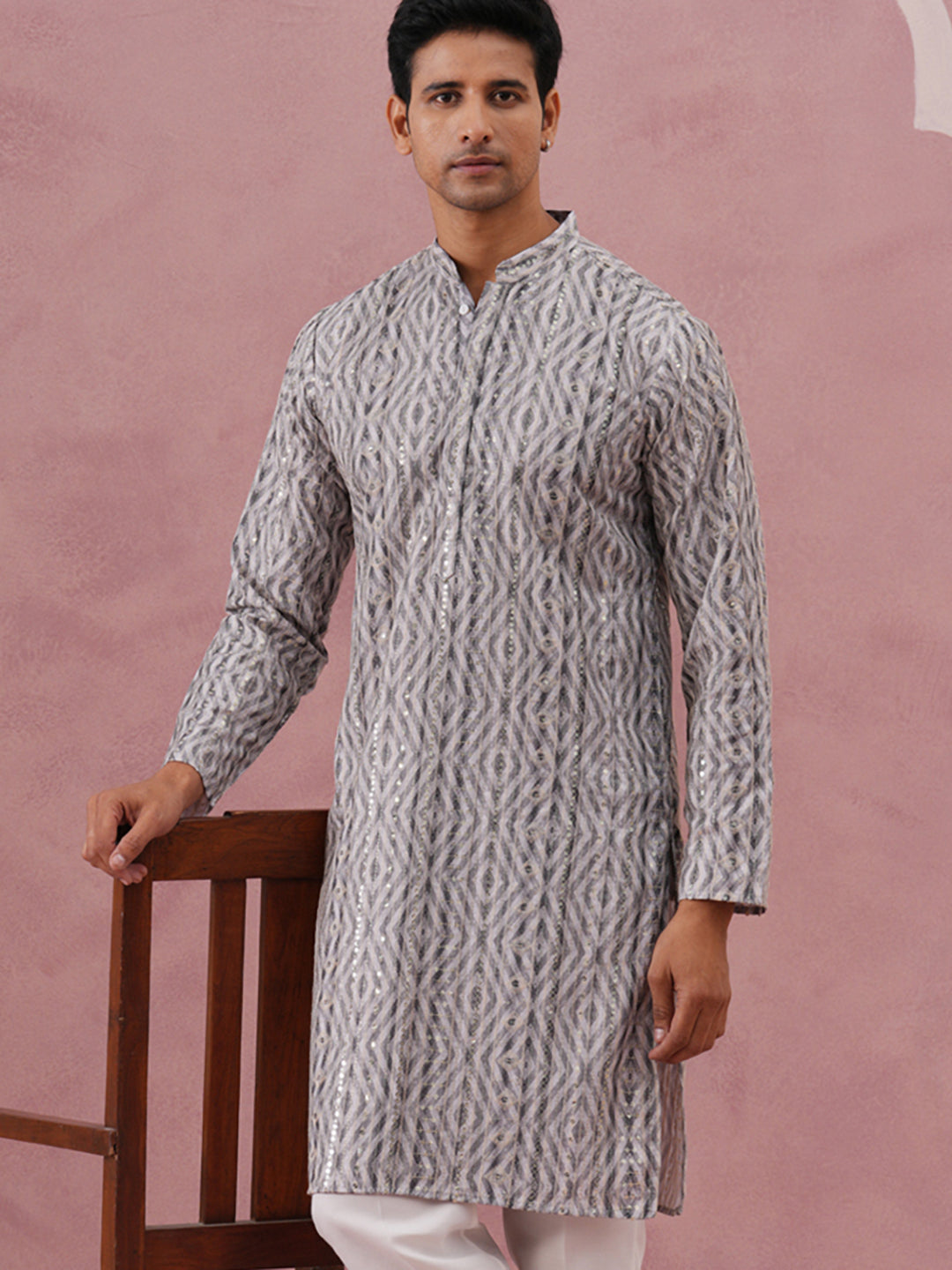 Grey Geometric Print & Sequin Kurta (65KO 5379 Grey ) [FF] [A-1-4]