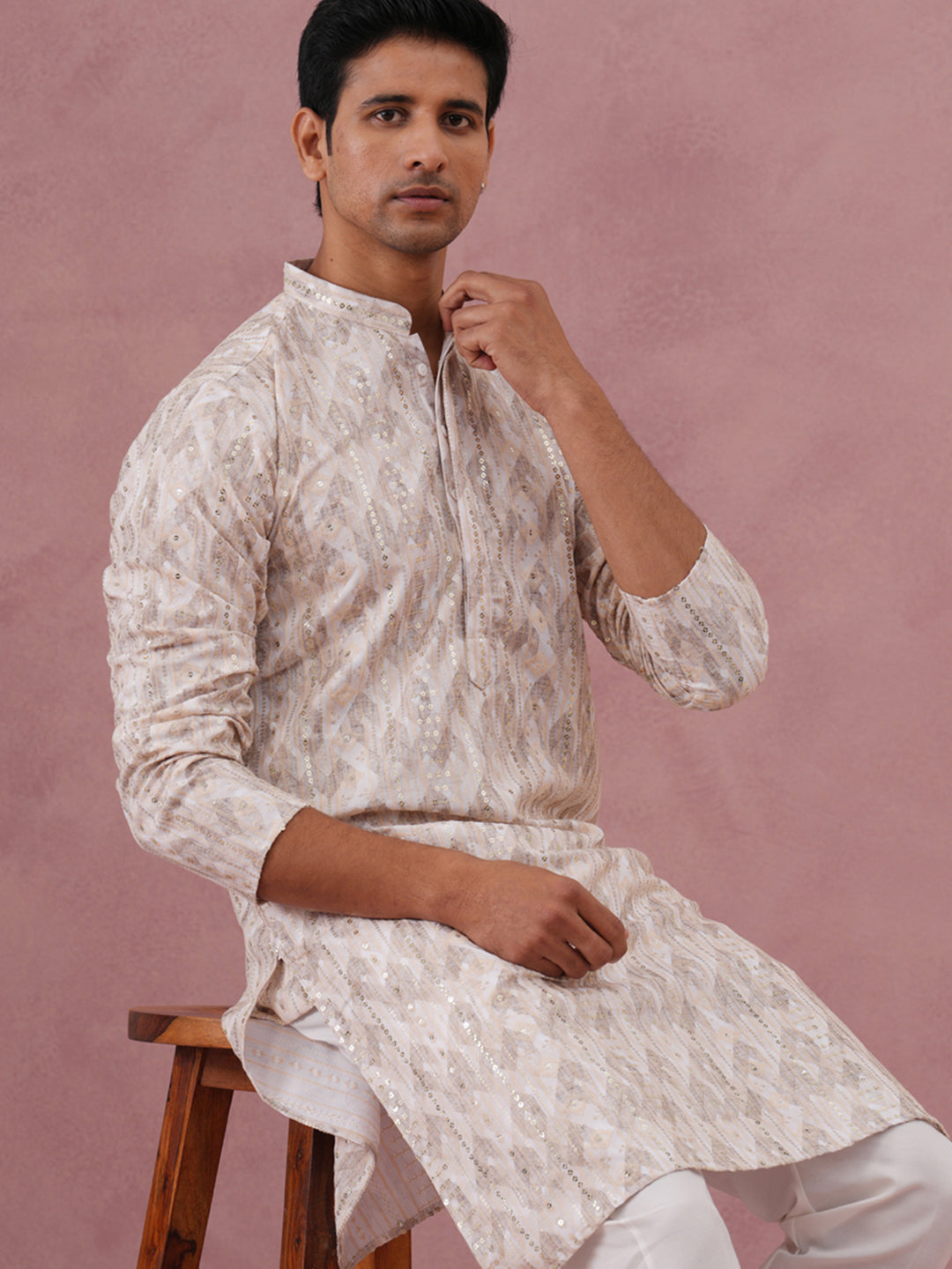 Peach Geometric Print & Sequin Kurta ( 65KO 5379 Peach ) [FF] [A-1-4]