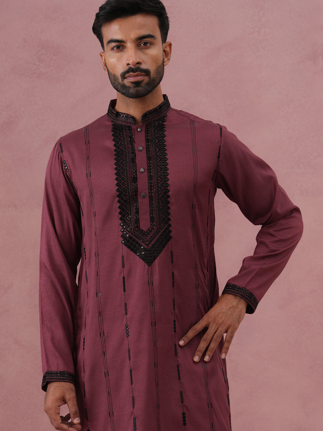 Wine Silk Blend Kurta with Black Geometric Embroidery ( 65KO 5380 Maroon ) [FF] [P-5]