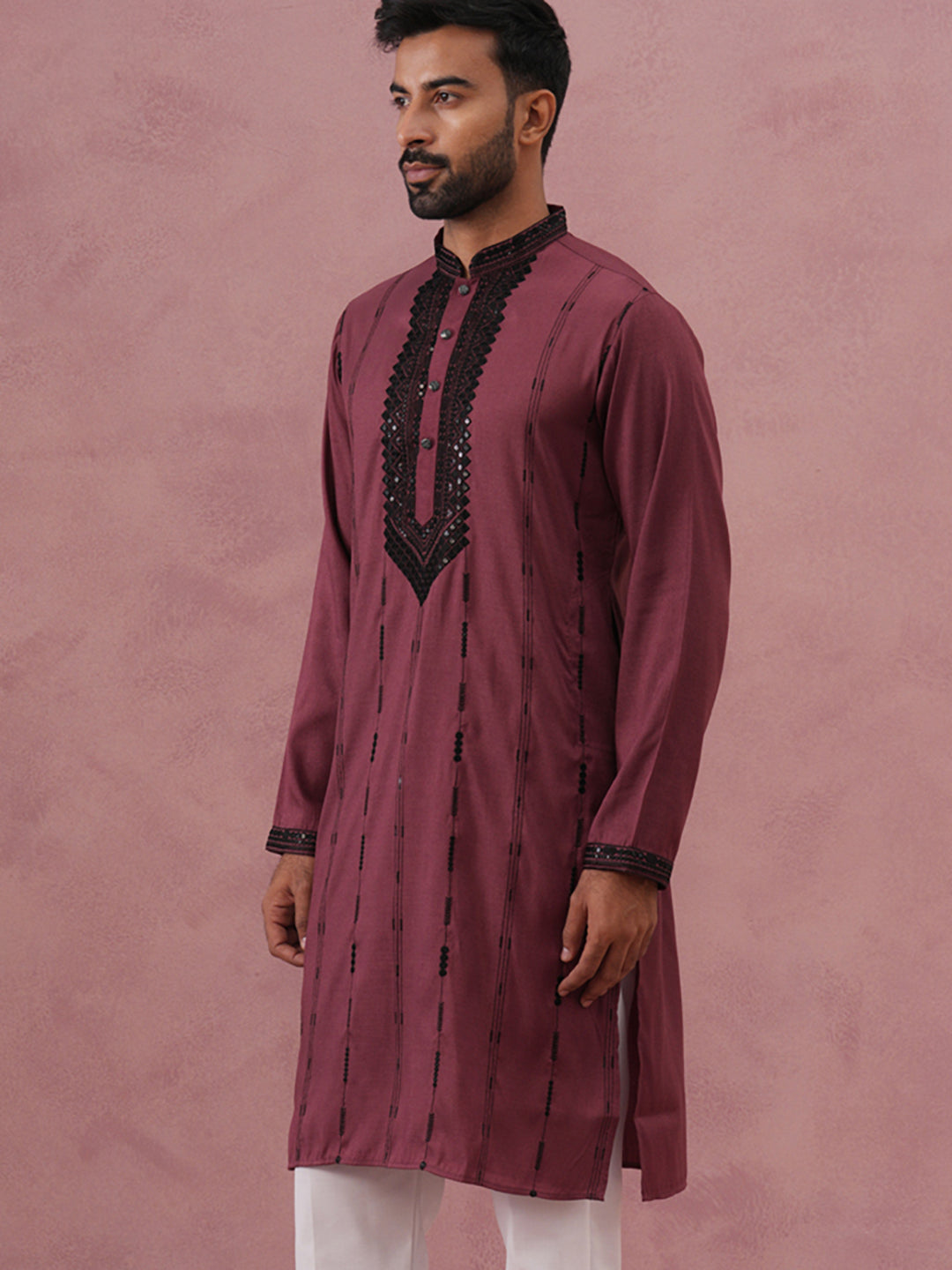 Wine Silk Blend Kurta with Black Geometric Embroidery ( 65KO 5380 Maroon ) [FF] [P-5]