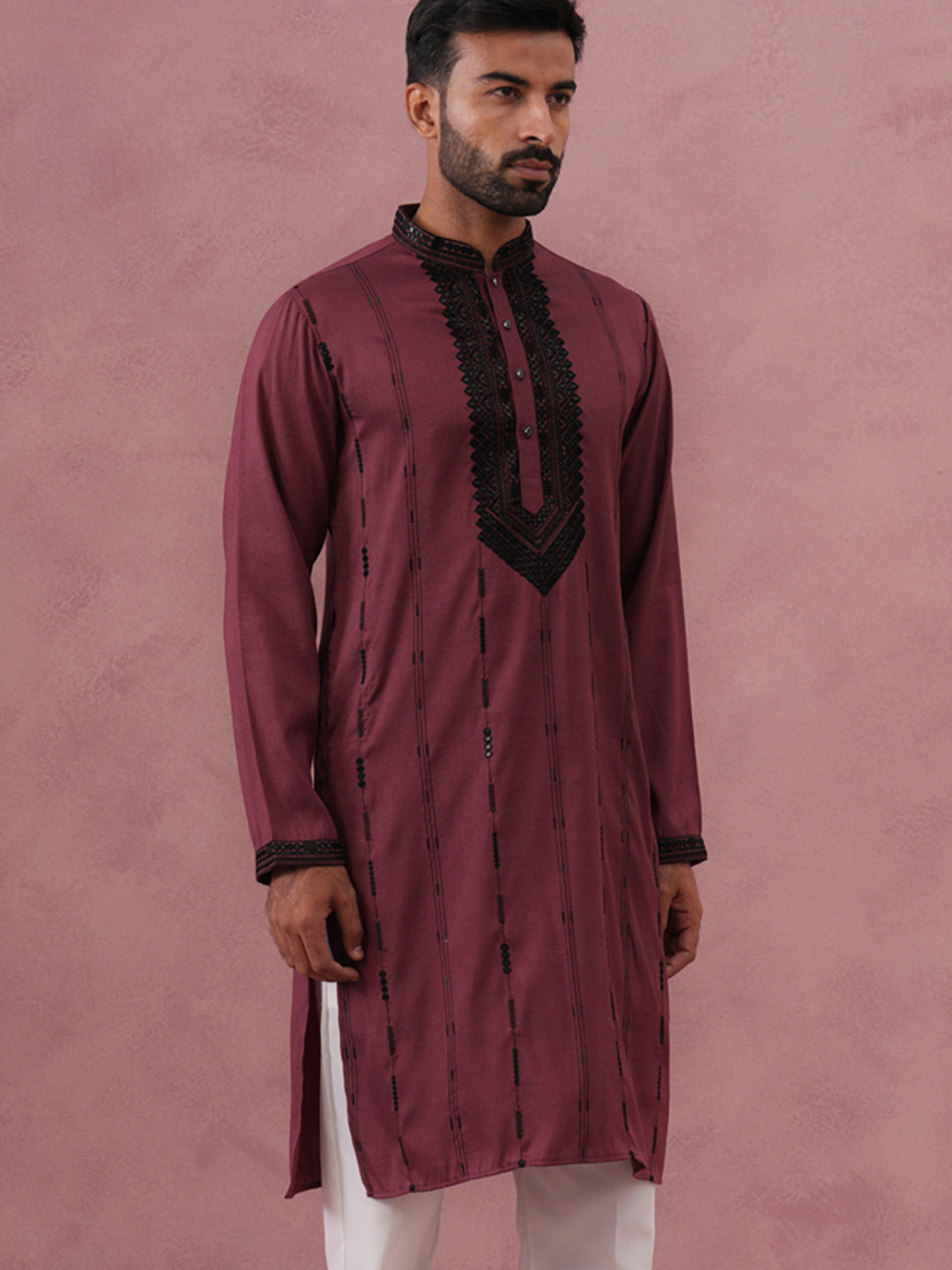 Wine Silk Blend Kurta with Black Geometric Embroidery ( 65KO 5380 Maroon ) [FF] [P-5]