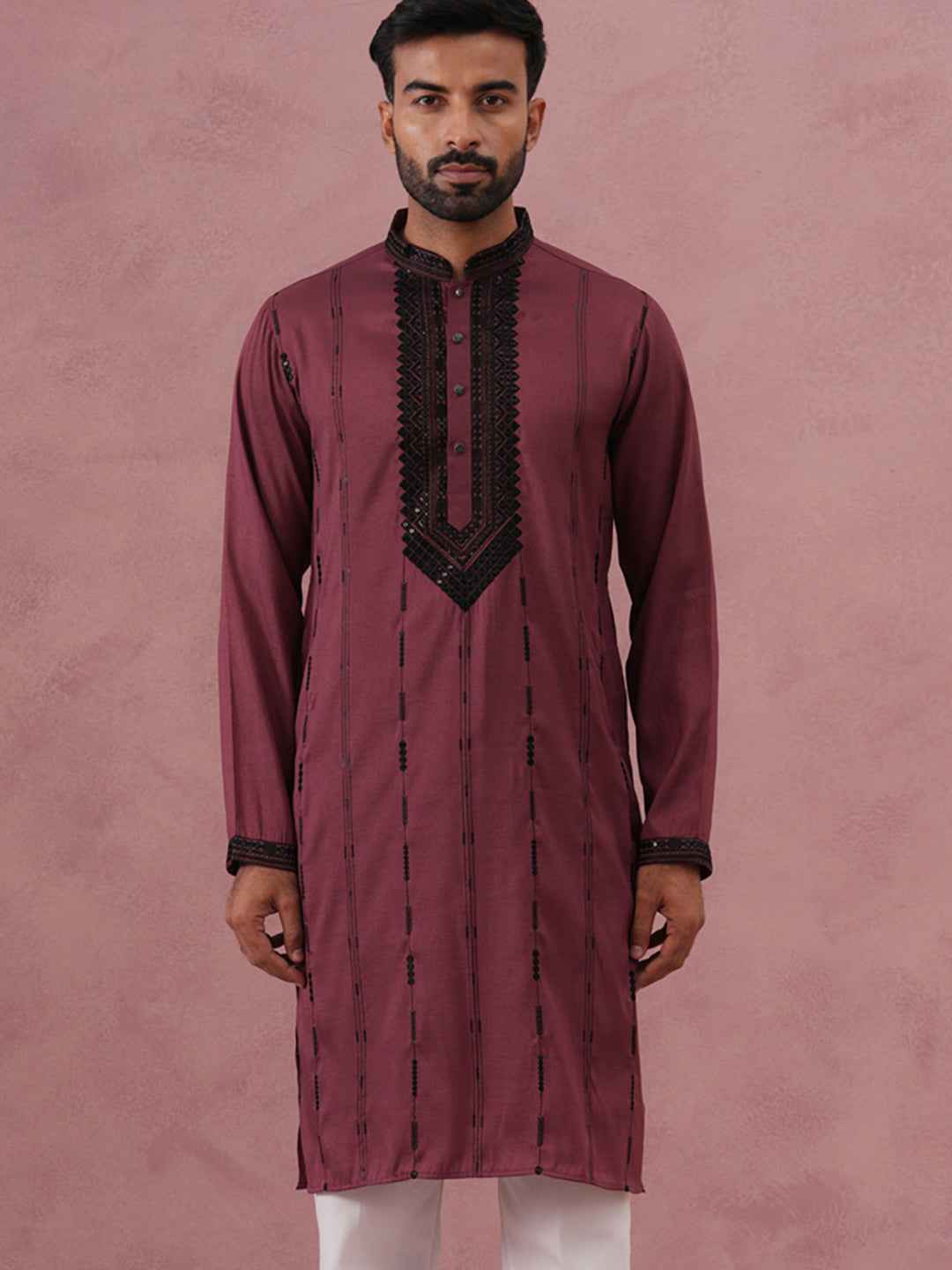 Wine Silk Blend Kurta with Black Geometric Embroidery ( 65KO 5380 Maroon ) [FF] [P-5]
