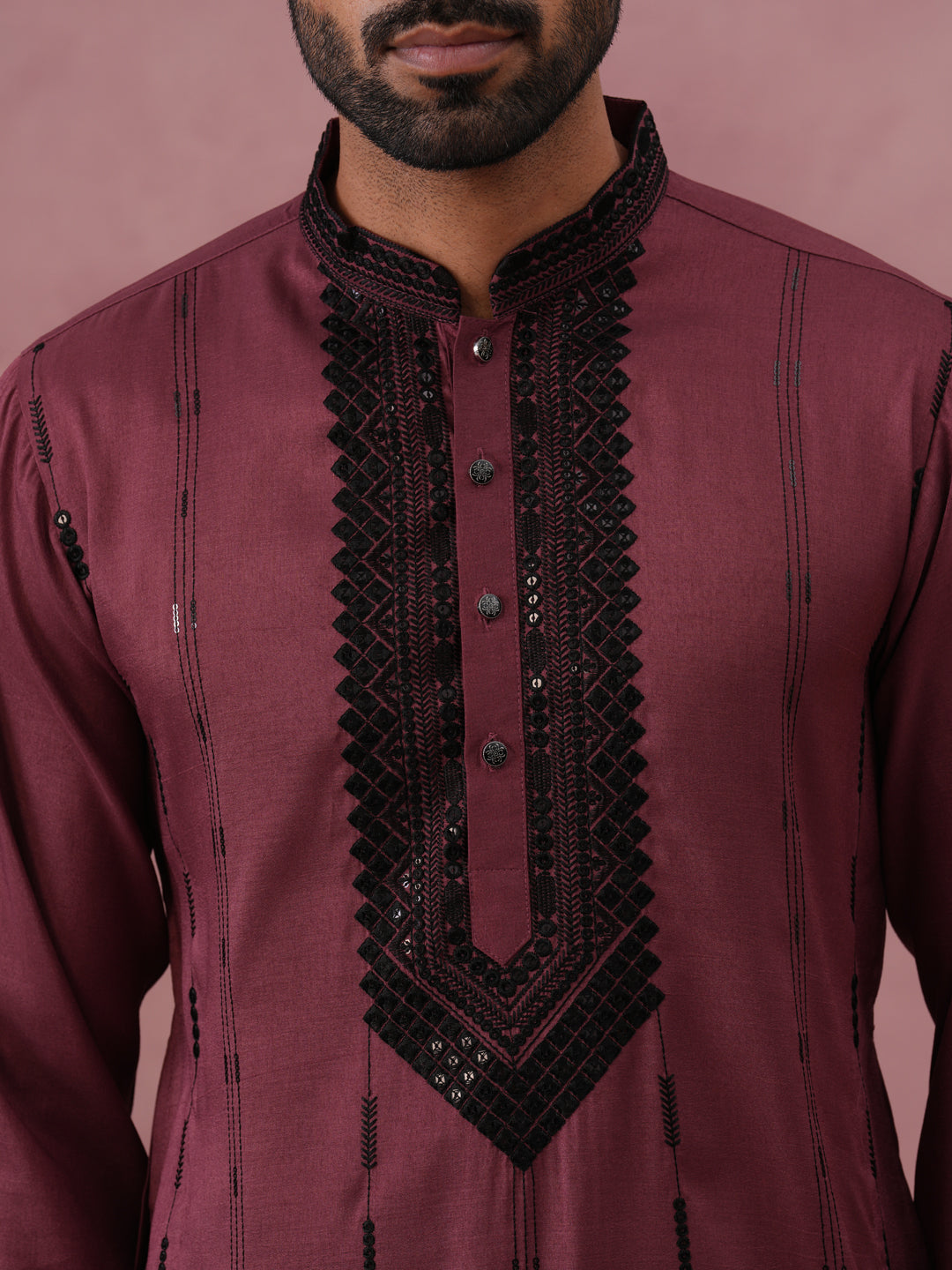 Wine Silk Blend Kurta with Black Geometric Embroidery ( 65KO 5380 Maroon ) [FF] [P-5]
