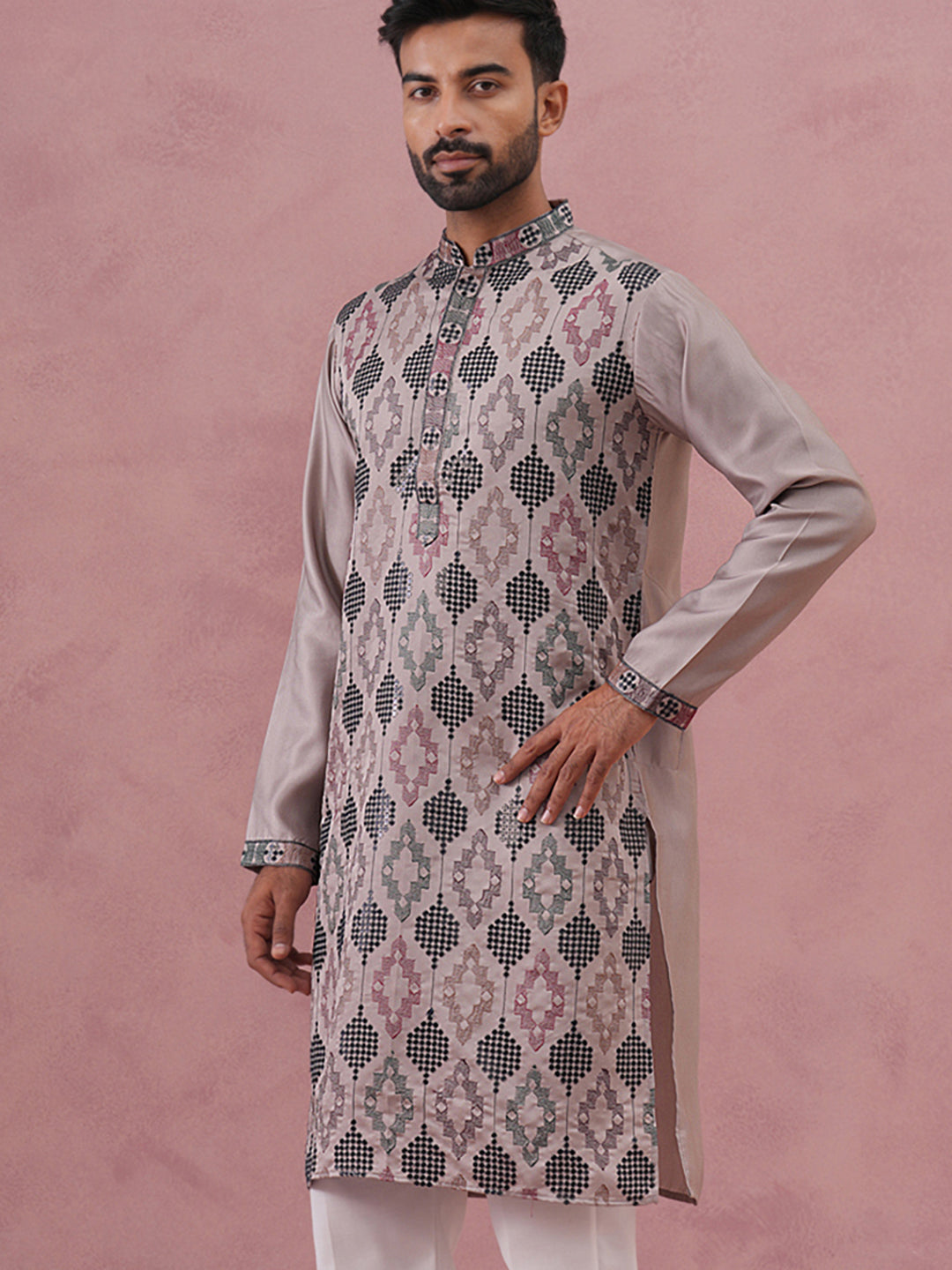 Grey Silk Blend Geometric Embroidered Kurta (65KO 5381 Grey ) [FF] [B-1-2]