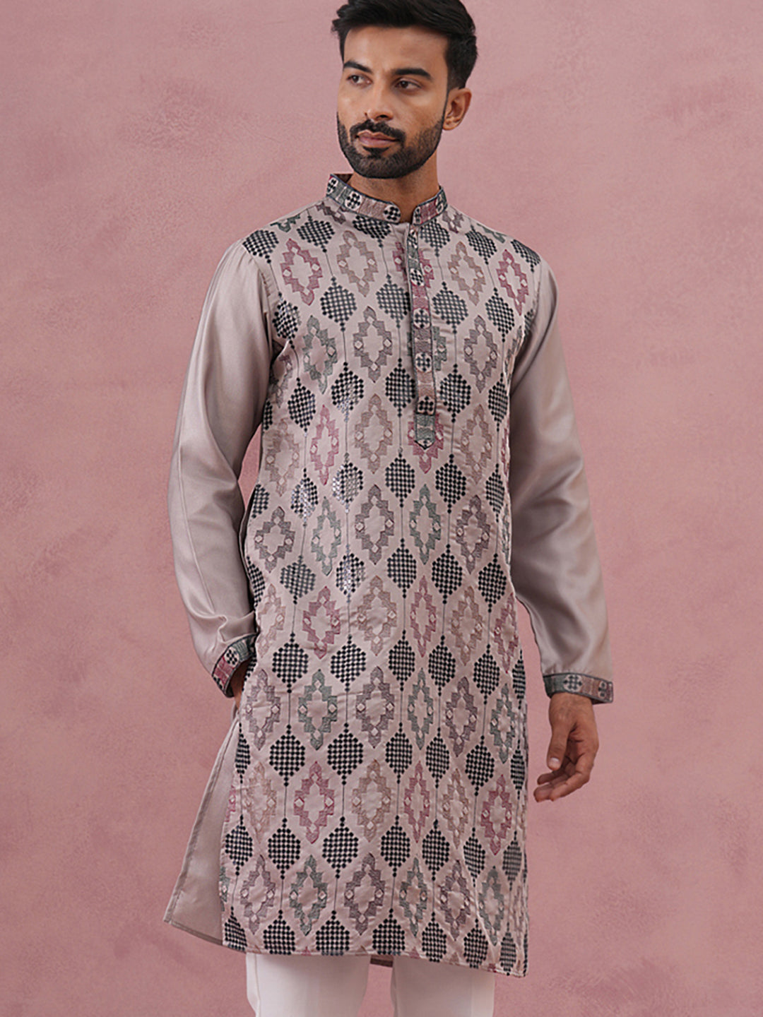 Grey Silk Blend Geometric Embroidered Kurta (65KO 5381 Grey ) [FF] [B-1-2]