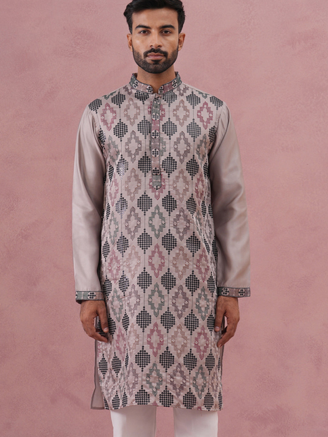 Grey Silk Blend Geometric Embroidered Kurta (65KO 5381 Grey ) [FF] [B-1-2]