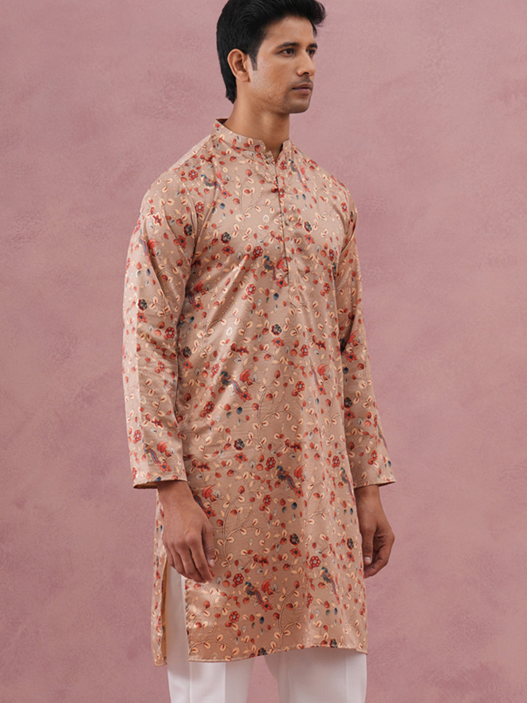 Floral Foil Printed Silk Blend Kurta ( 65KO 5382 Golden ) [FF] [A-1-4]