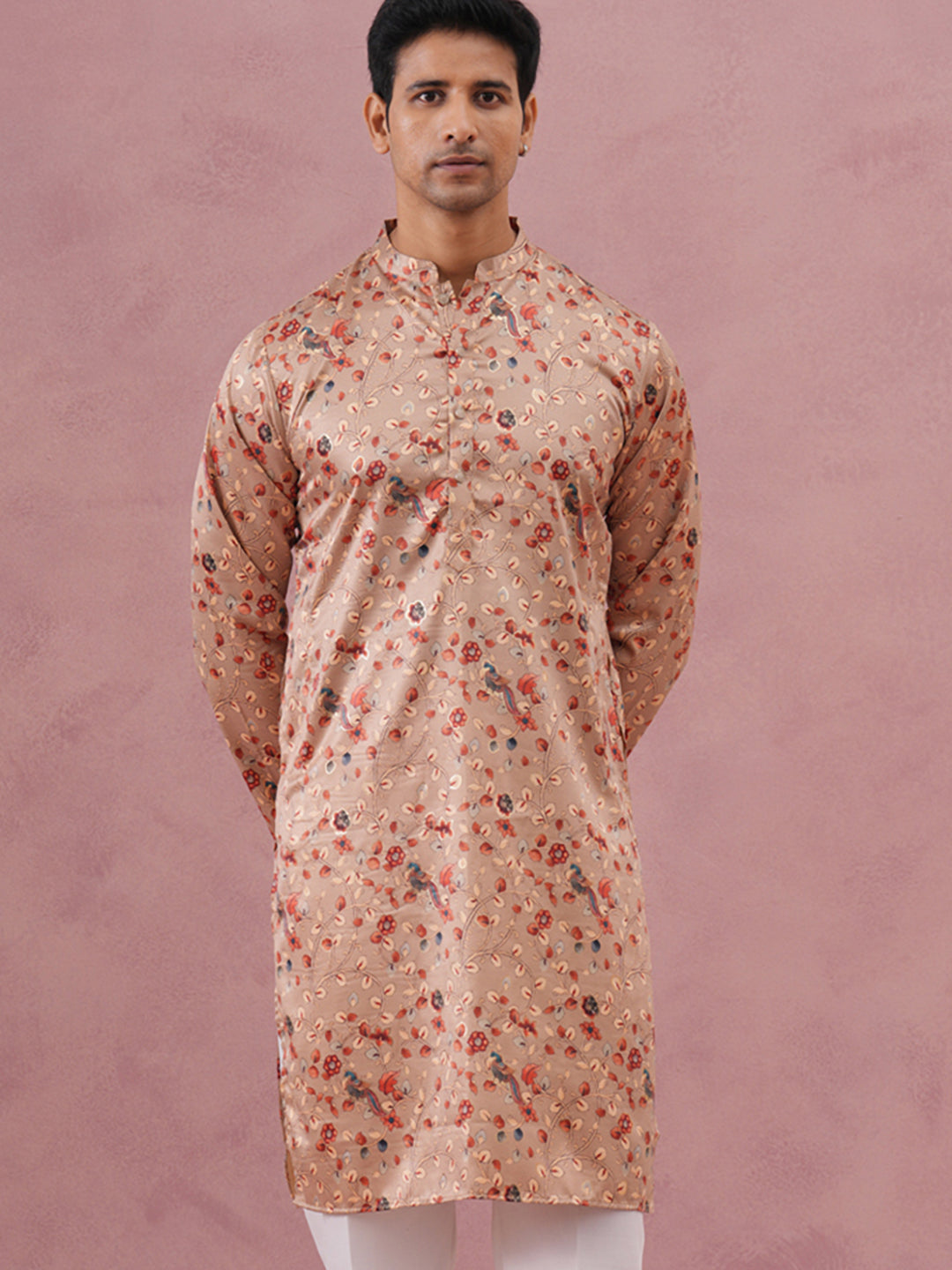 Floral Foil Printed Silk Blend Kurta ( 65KO 5382 Golden ) [FF] [A-1-4]
