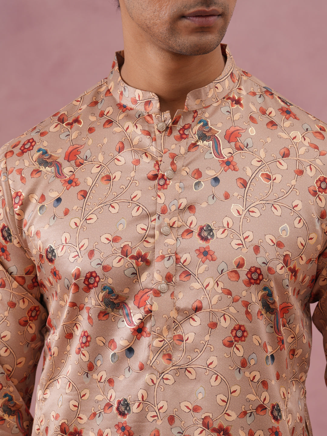 Floral Foil Printed Silk Blend Kurta ( 65KO 5382 Golden ) [FF] [A-1-4]