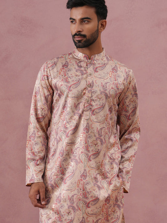 Paisley Foil Printed Silk Blend Kurta ( 65KO 5383 Cream ) [FF] [A-1-4]