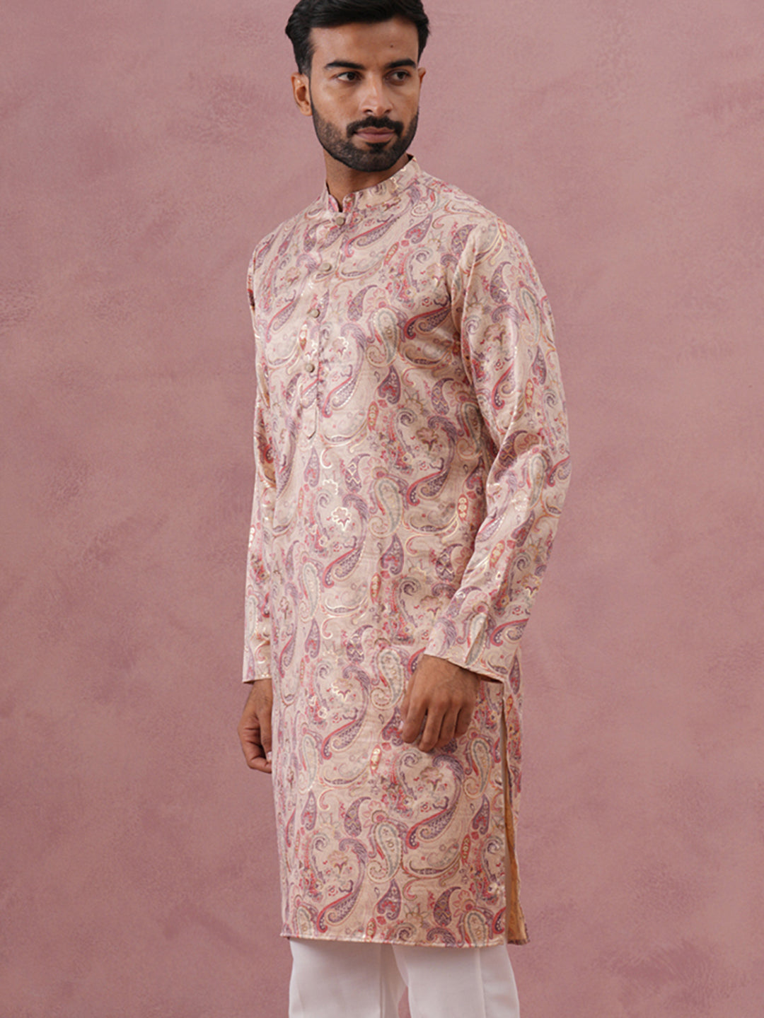 Paisley Foil Printed Silk Blend Kurta ( 65KO 5383 Cream ) [FF] [A-1-4]
