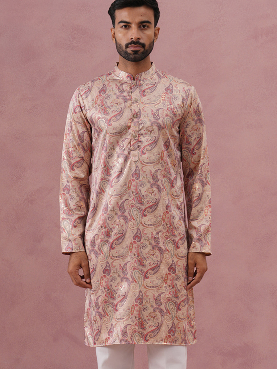 Paisley Foil Printed Silk Blend Kurta ( 65KO 5383 Cream ) [FF] [A-1-4]