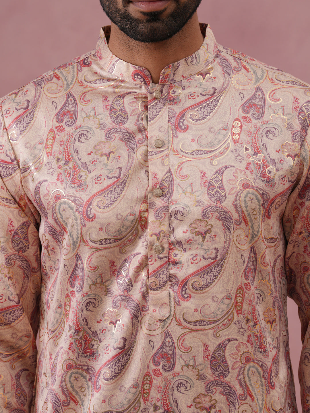 Paisley Foil Printed Silk Blend Kurta ( 65KO 5383 Cream ) [FF] [A-1-4]